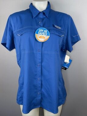 Columbia PFG Lo Drag Fishing Shirt Women’s XL Blue Short Sleeves Omni-Shade